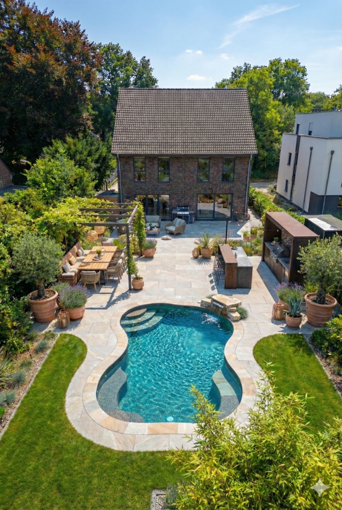 Haus nachher mit Garten und Pool